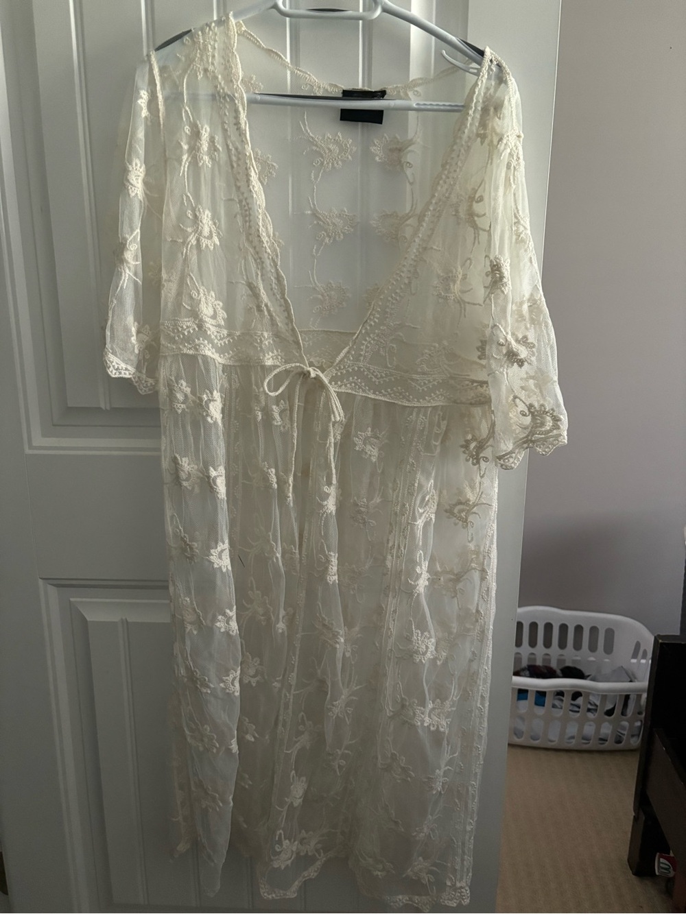 Sheer Floral Lace Robe Cover-Up in Ivory